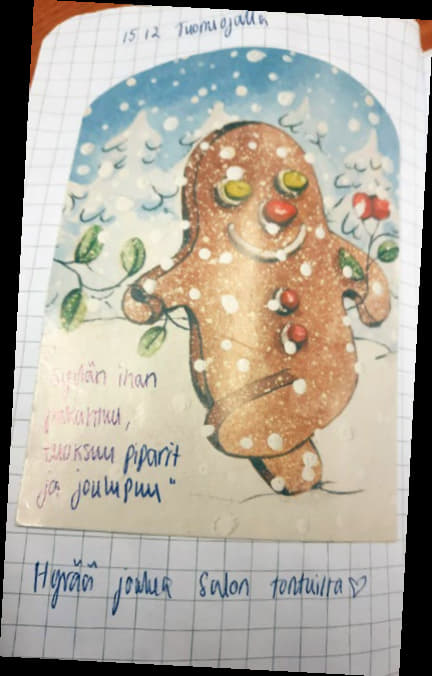 Pipariukko-kortti jouluviestissä Tuomiojalta
