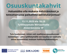 Työllisyystalo Wirtaamolla järjestetään osuuskuntakahvit 13.11.2025 klo 18-19. Osoite Ahlströmintie 1P.