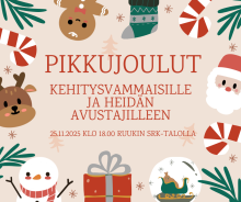 Pikkujoulumainos, jossa olennaiset tiedot tapahtumasta kirjoitettu keskelle ja jouluisia elementtejä reunoilla.