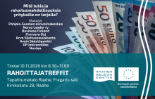 Tilaisuuden tiedot ja luettelo mukana olevista rahoittajista. Tummalla taustalla seteliviuhka. 
