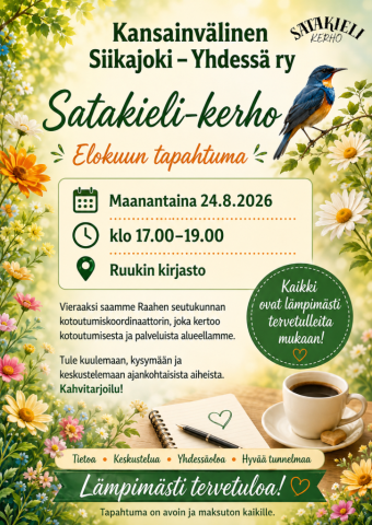 Elokuun tapahtuma järjestetään maanantaina 24.8.2026 klo 17.00–19.00 Ruukin kirjastossa. Vieraana on Raahen seutukunnan kotoutumiskoordinaattori. Tapahtuma on avoin ja maksuton kaikille, ja siellä on kahvitarjoilu.