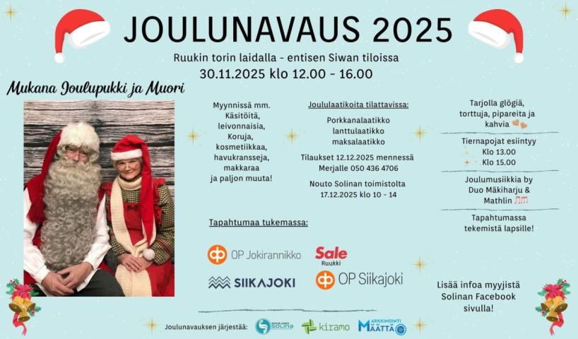 Joulunavauksen mainoskuva, kuvassa joulupukki ja -muori.