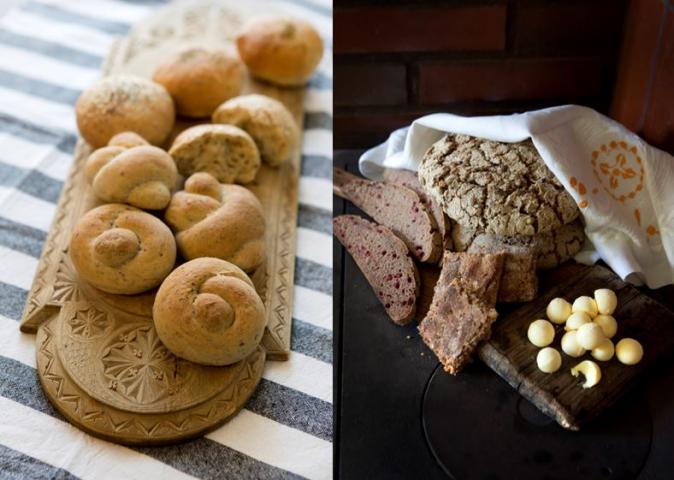 kaksi kuvaa, joista toisessa vaaleita leivonnaisia ja toisessa ruisleipää