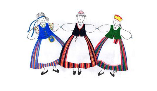 Kolme piirrettyä naista kansallispuvut päällä