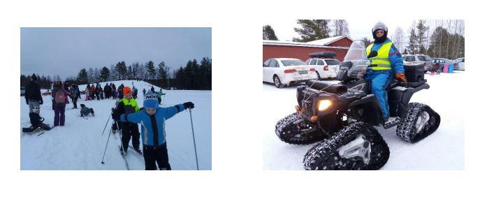 Kaksi kuvaa, joista toisessa lapset talvipuuhissa ja toisessa henkilö telamönkijän selässä