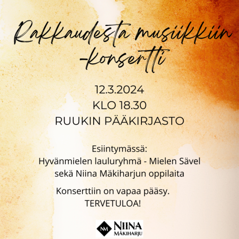Rakkaudesta musiikkiin -konsertti 12.3. klo 18.30 Ruukin pääkirjastolla
