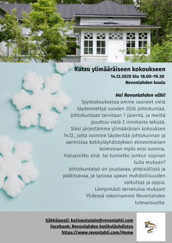 Revonlahden Kotikyläyhdistys ry kutsu ylimääräiseen kokoukseen 14.12.2025 klo 18.00
