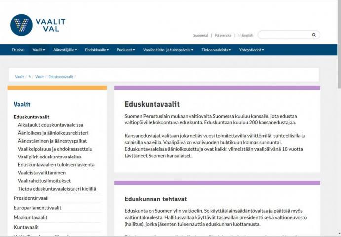 Eduskuntavaalit -sivuston etusivu