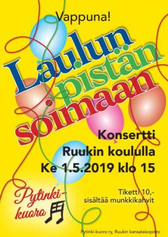 Vappukonsertin mainos, taustalla ilmapalloja