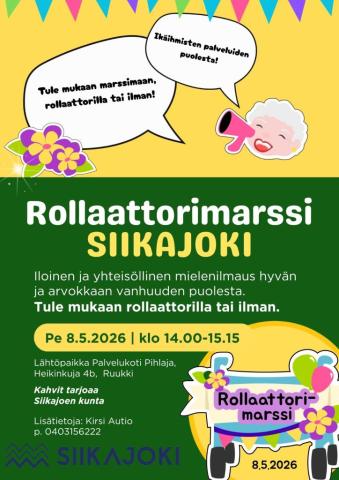 Rollaattorimarssi on iloinen ja yhteisöllinen mielenilmaus hyvän ja arvokkaan vanhuuden puolesta. Tule mukaan rollaattorilla tai ilman. Lähdetään perjantaina 8.5. klo 14 Ruukin palvelukoti Pihlajasta asukkaiden kanssa ulkoilemaan hyvän asian puolesta. Ulkoilun jälkeen tarjolla kahvit palvelukodin tiloissa. Kahvit tarjoaa Siikajoen kunta. Lisätietoja Kirsi Autio p. 0403156222