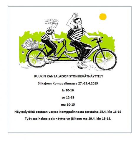 kuvassa pyöräilevä pari ja kirjalliset ohjeet töiden tuomiseen näyttelyyn