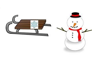 kuvassa mäenlaskukelkka ja lumiukko