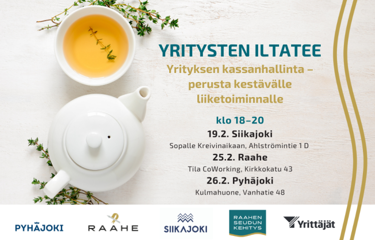 Tilaisuuden nimi, päivämäärät, osoitteet, kuntien logot ja taustalla teekuppi ja -pannu.