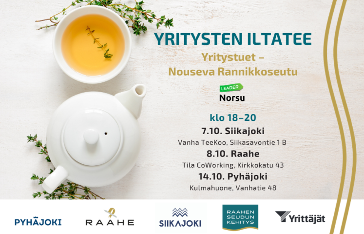Tilaisuuden tiedot, kuntien logot ja taustalla teekuppi ja -pannu.